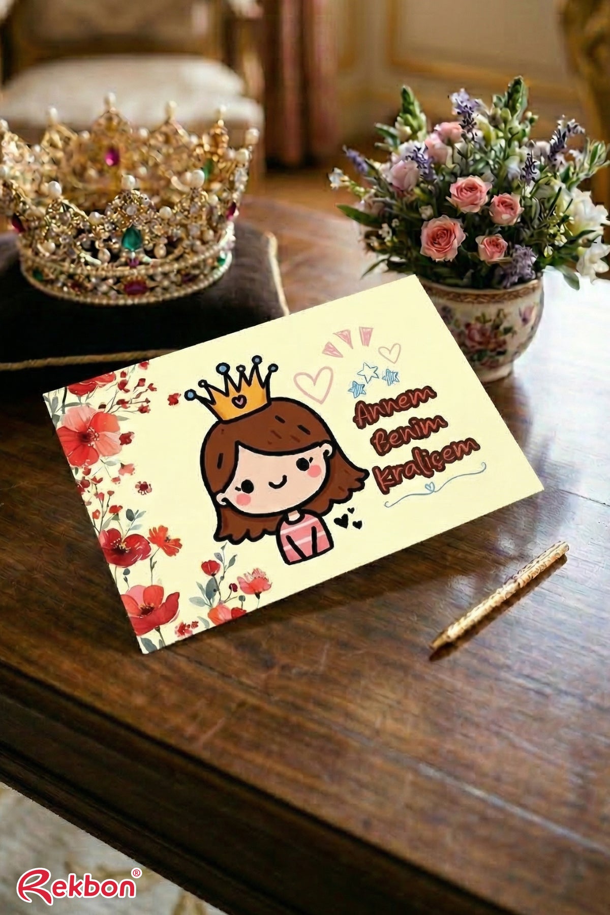 💖 Rekbon Anneye Özel Mesaj Kartı – “Annem Benim Kraliçem” Tasarımlı Hediye Kartı